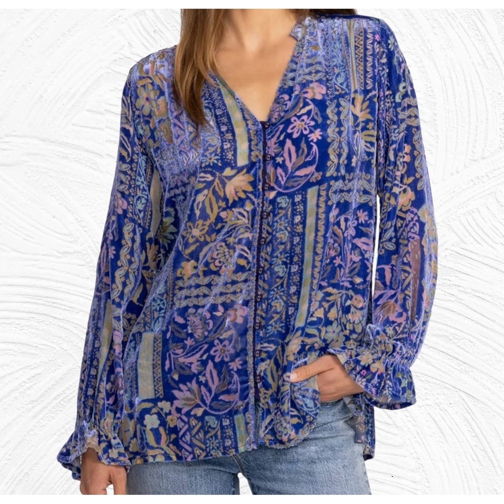 Johnny Was PL JOASIE Velvet Burnout Blouse Whimsigoth‎ Boho Festival Blue Floral